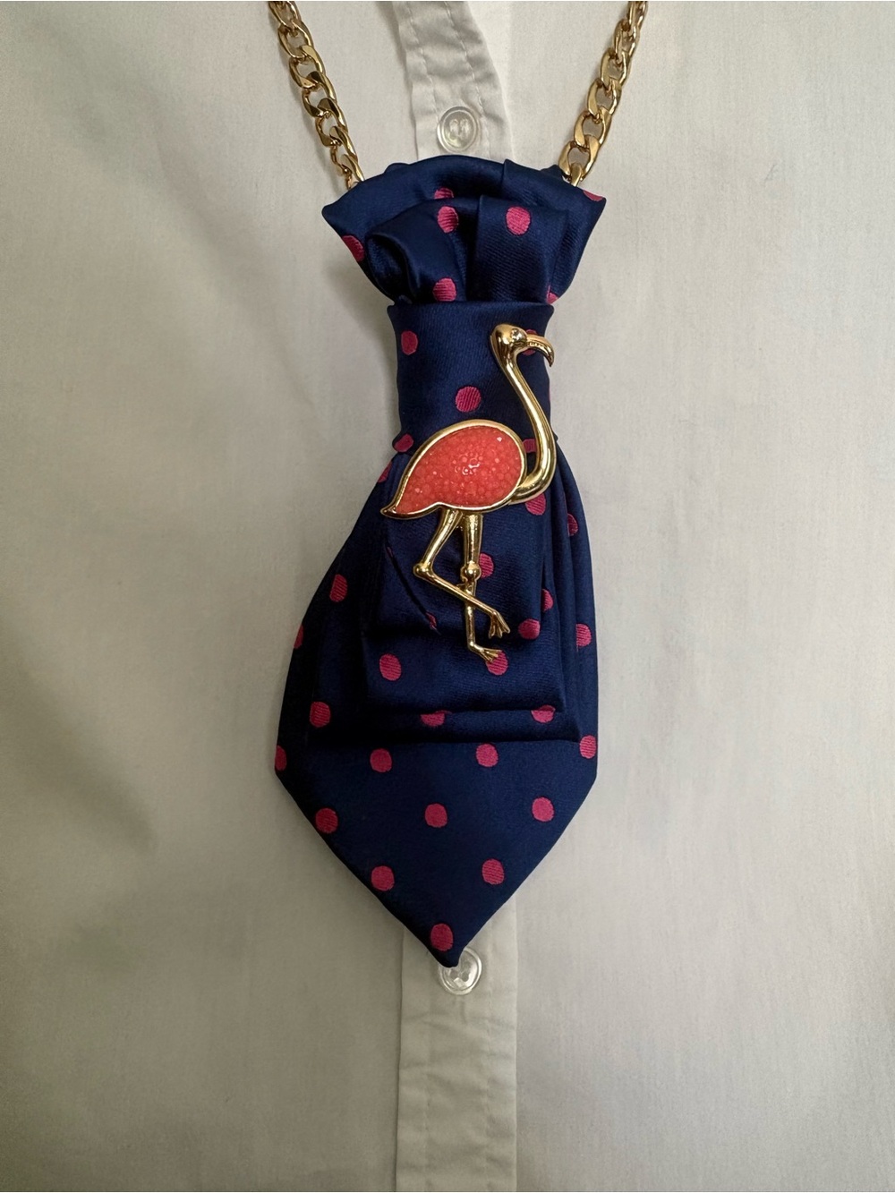 Navy Polka Dot Gold Flamingo Brooch Pin Pendant Necklace